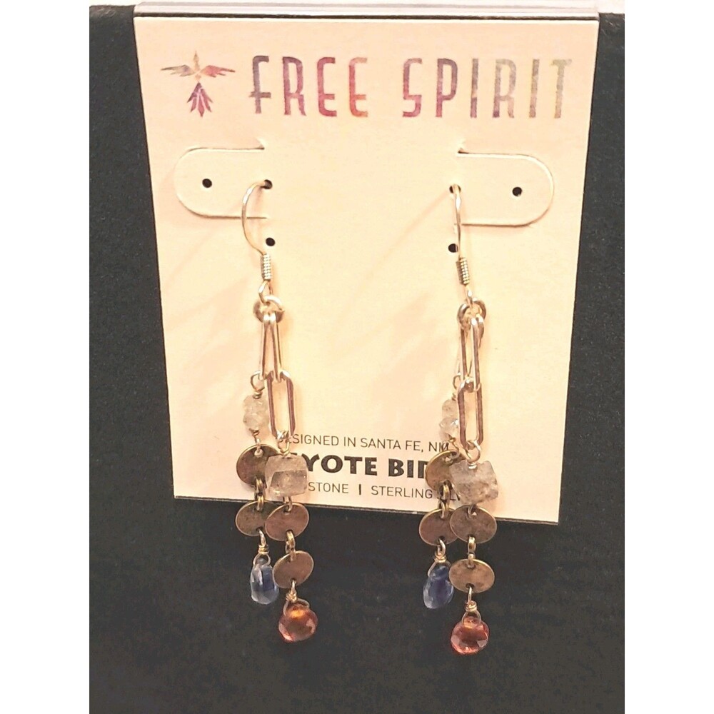 Peyote Bird Blue Red Gold Beads Paperclip Silver Chain 2.25" Dangle Earrings NWT
